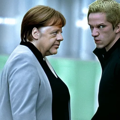 Prompt: Angela Merkel fighting Neo in the matrix movie