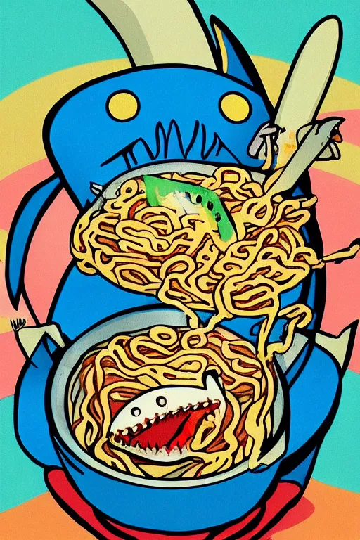 Prompt: a colorful shark eating ramen by leo lionni