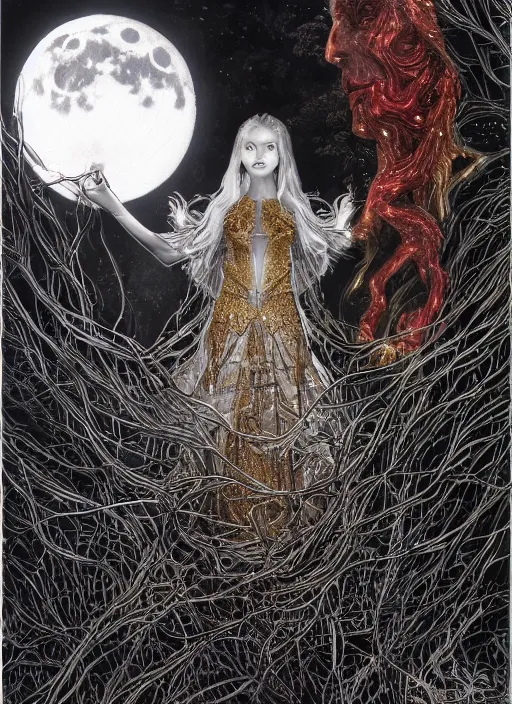 Image similar to glowing silver and golden elements, full close-up portrait, A beautiful dark witch in front of the full big moon, book cover, green forest, red white black colors, establishing shot, extremly high detail, foto realistic, cinematic lighting, pen and ink, intricate line drawings, by Yoshitaka Amano, Ruan Jia, Kentaro Miura, Artgerm, post processed, concept art, artstation, matte painting, style by eddie, raphael lacoste, alex ross