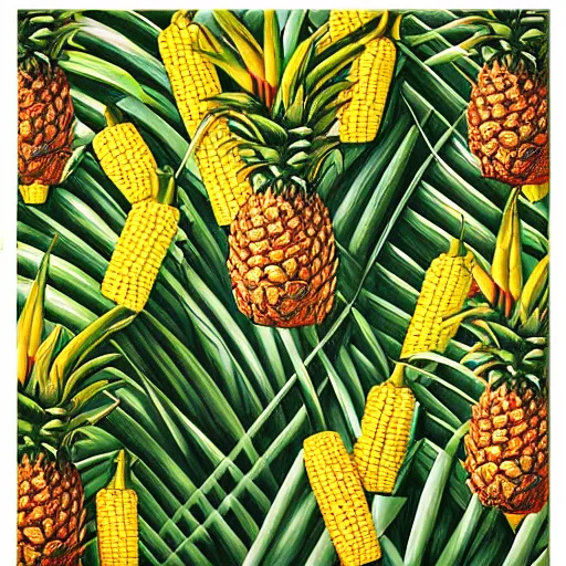 Prompt: pineapples, corn, and bananas in the jungle by kehinde wiley