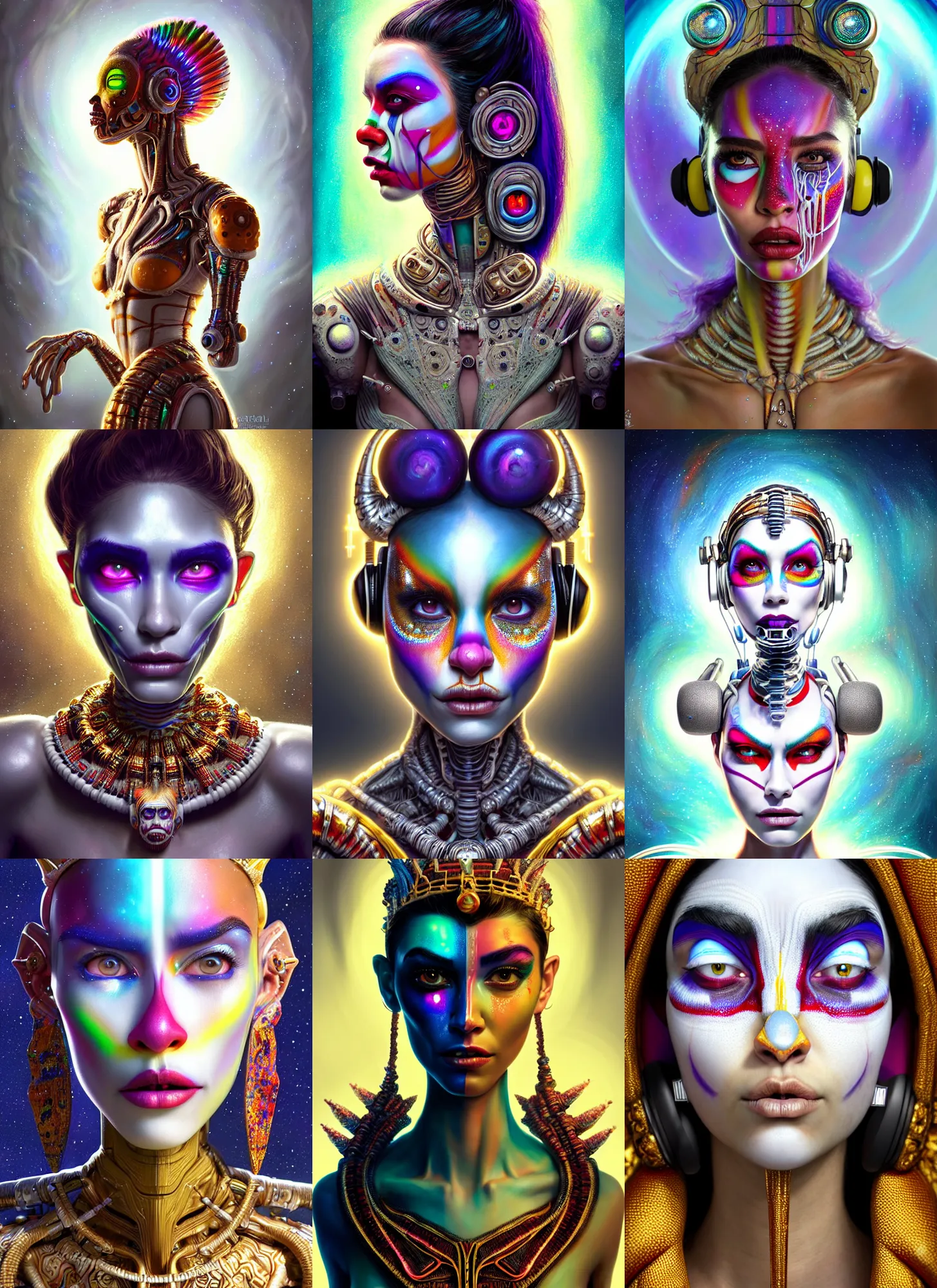 Prompt: bright white polished galactic clowncore weta cyborg : : disney pixar portrait, soft mayan queen devil madison beer, bling earbuds, hi - fructose, sci - fi fantasy intricate decadent highly - detailed digital painting, golden ratio, octane render, artstation, concept art, smooth, sharp focus, illustration, artgerm, mucha, loish, wlop