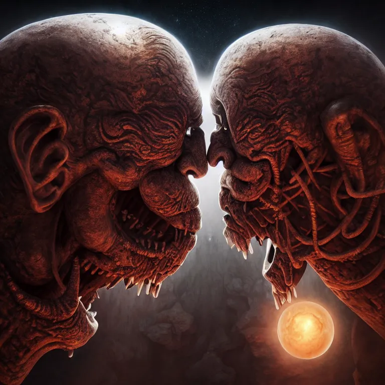 Image similar to portrait of two buddhist demons kissing each other in wastelands on white exoplanet at night, baroque portrait painting, beautiful intricate insanely detailed octane render, artstation, 8 k artistic harsh flash photography, photorealistic, volumetric perfect light, chiaroscuro, raphael, caravaggio, beksinski, rutkowski, giger