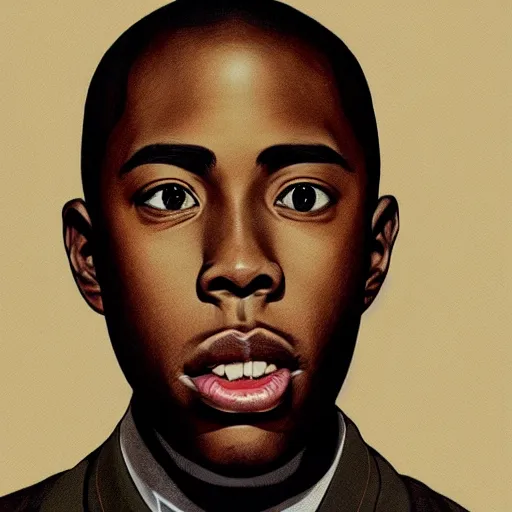 Prompt: tyler the creator, anime style, fashion clothing, shoulder eyes, last exile anime, symmetrical facial features, from arknights, hyper realistic, 4 k, rule of thirds, extreme detail, detailed drawing, trending artstation, realistic lighting, by alphonse mucha, greg rutkowski, short neck