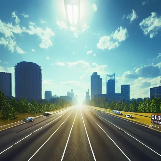Prompt: of a advertisement with a scene of a highway with words written on the road in front of the viewer, occlusion shadow, specular reflection, rim light, unreal engine, octane render, artstation, art jiro matsumoto, high quality, intricate detailed 8 k, sunny day