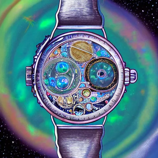 Image similar to detailed illustration of celestial watch from the far future with 3 7 descending dials and multiple glowing watch faces, mother of pearl opal, year 2 5 0 0, style of norman rockwell