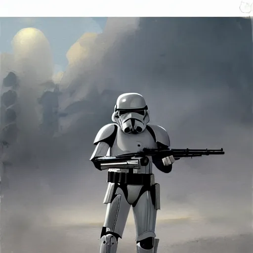 Prompt: a long shot of an imperial stormtrooper in battle position ready to shoot his blaster concept art by Doug Chiang cinematic, realistic painting, high definition, very detailed, extremely high detail, photo realistic, concept art, the Mandalorian concept art style