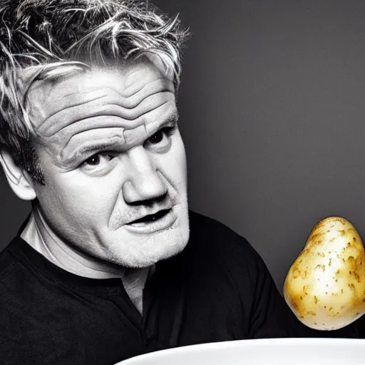 Prompt: Gordon Ramsey berating a potato, studio photography