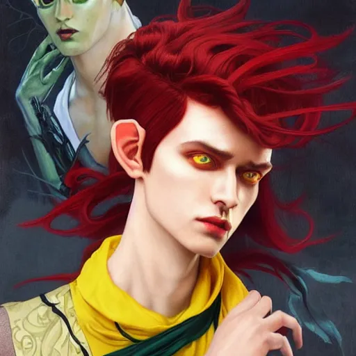 Image similar to a beautiful and androgynous half - elf with messy short red hair and dark skin tone and catlike features and yellow eyes with slit pupils, wearing a colorful men's suit, dnd character, realistic digital painting by kehinde wiley and ross tran and gerald brom and tasha beckwith and alphonse mucha, trending on artstation