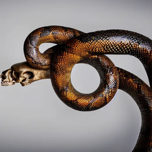 Prompt: giant and oversized coiled snake with a metallic skull as the head, XF IQ4, f/1.4, ISO 200, 1/160s, 8K, RAW, unedited, symmetrical balance, in-frame