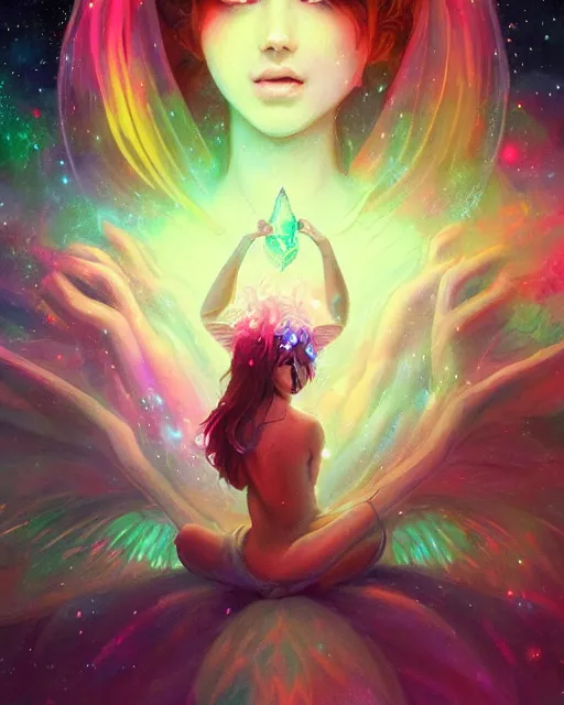 Image similar to a detailed image of an attractive!!!! girl with psychedelic! fairy wings sitting under the night sky and holding!! a crystal!! containing all of reality and galaxies, by greg rutkowski artgerm ross tran ilya kuvshinov. 7 0 mm, volumetric lighting, digital art, subtle and detailed