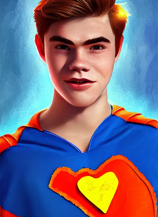 Image similar to friendly teenage archie andrews wearing an orange superhero costume with heart logo, heart, freckles, blue cape, heart emblem on chest, blue cape, intricate, elegant, glowing lights, highly detailed, digital painting, artstation, sharp focus, illustration, art by wlop, mars ravelo and greg rutkowski