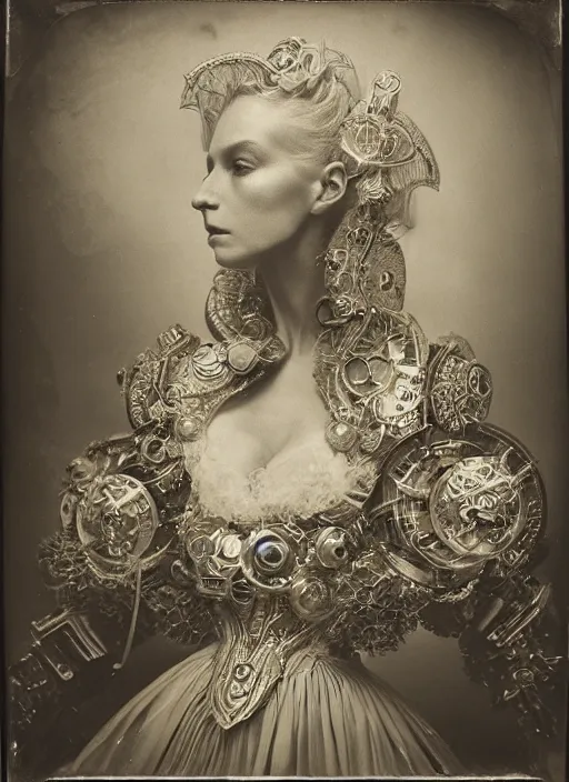 Image similar to old wetplate daguerreotype frame portrait of a futuristic silver armored marie antoinette cyborg, fractal, intricate, elegant, highly detailed, subsurface scattering, by jheronimus bosch and greg rutkowski and louis jacques mande daguerre