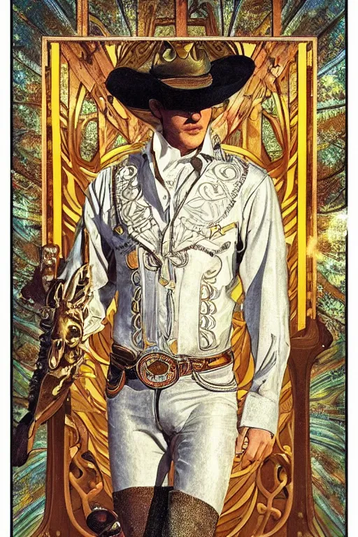 Prompt: a dramatic ethereal epic symmetrical painting of a handsome!!! cowboy in a silvery!!!! ((((golden))))) outfit | tarot card, art deco, art nouveau, (steampunk), homoerotic, realistic | by Dresden Codak, by Mark Maggiori and ((((Alphonse Mucha))) | trending on artstation