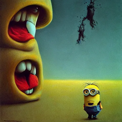 Image similar to minions, minions movie, illustrated by zdzisaw beksinski