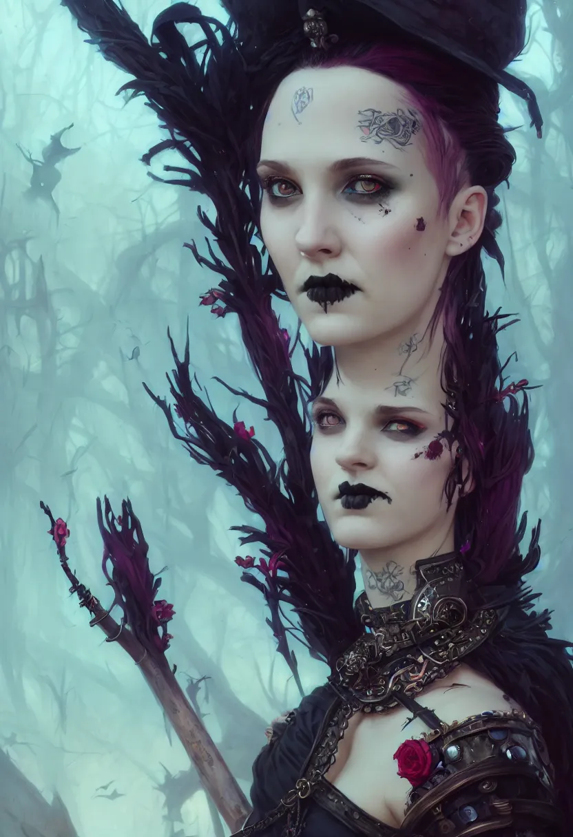 Image similar to beautiful extreme closeup portrait, goth girl, piercings collar, mohawk hairstyle, medieval dress. witch, makeup. unreal engine, greg rutkowski, loish, rhads, beeple, tom bagshaw, alphonse mucha, global illumination, detailed and intricate environment