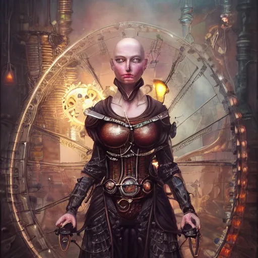 Image similar to by tom bagshaw, photorealist vivid render of a carnival of curiosities marvel, single bald steampunk female in a full ornated armor, gears, cables, led, flying machinery, partial symmetry accurate features, very intricate details, focus, award winning, ultra dense fog, trending on behance