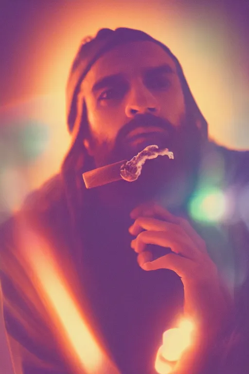 Image similar to studio photo of jesus smoking weed, colorful lighting, bokeh, 3 5 mm, dramatic ligting,