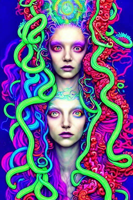 Image similar to A sea goddess with neon tentacles hair having an extremely colorful psychedelic experience, warping time and space, magic mushrooms, psilocybin, LSD, face, detailed, intricate, elegant, highly detailed, digital painting, artstation, concept art, smooth, sharp focus, illustration, art by Krenz Cushart and Artem Demura and alphonse mucha, Octane render, unreal engine, 8K