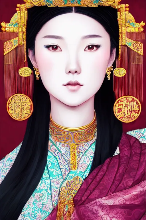 Image similar to a lovely and shiny young empress of qing dynasty, face by artgerm, ross tran, fuji choko, loish, 8 k resolution, attractive, symmetrical portrait, beautifully detailed landscape of ruin, trending on pixiv and pinterest, charming black eyes, luxury, perfect face, smooth, dreamlike