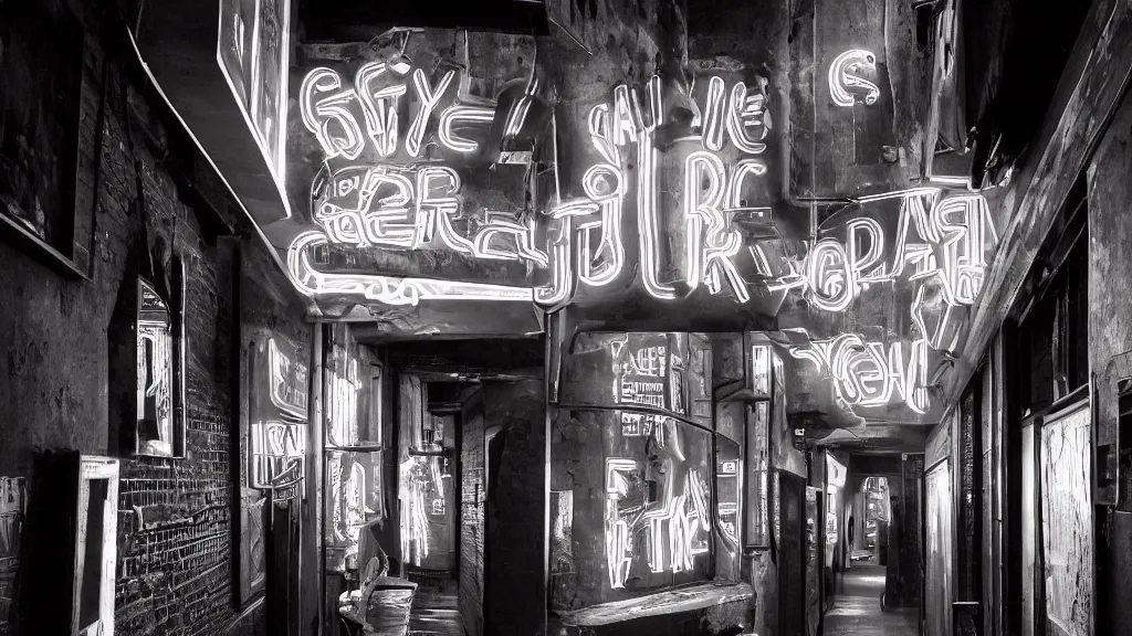 Prompt: detailed photograph of a gray extremely narrow nightclub hallway with a ( ( neon ) ) sign, aztec architecture, dimly lit