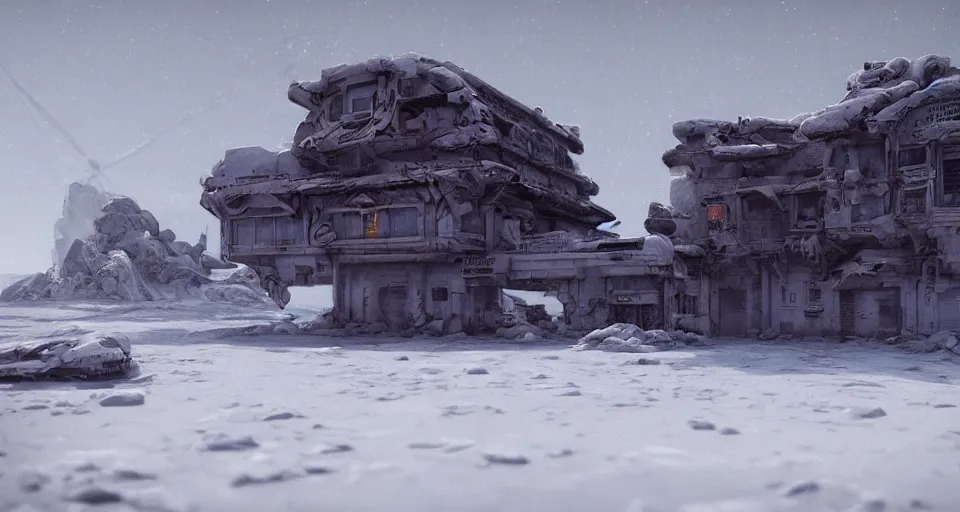 Image similar to an abandoned outpost in a blizzard on the moon europa, intricate artwork by tooth wu and wlop and beeple, octane render, hyper realism, 8 k