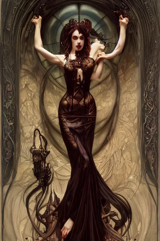 Image similar to masterpiece painting of stunning vampiric succubus girl by donato giancola, h. r. giger and tom bagshaw, face by artgerm and edmund leighton, background by james jean and alphonse mucha, 8 k, gothic horror, majestic, volumetric lighting, porcelain skin, art deco, trending on pixiv