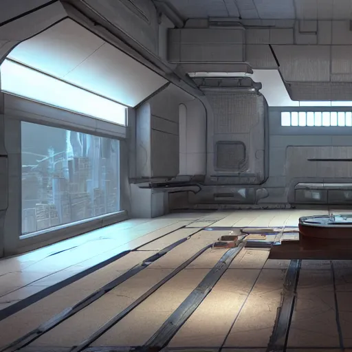 Image similar to Sci fi interior, unreal engine 5 tech demo, zillow interior, cool tint, metallic reflective, octane render, Frank Lloyd Wright ((Studio Ghibli))