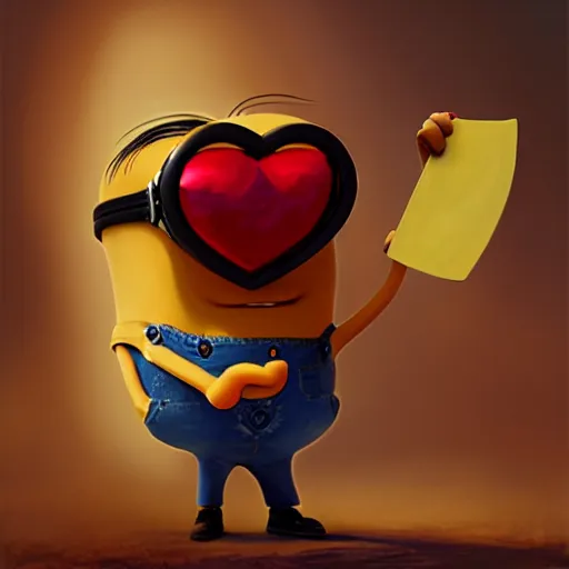 Prompt: an epic painting minion, holding big red heart in his hands, oil on canvas, perfect composition, golden ratio, beautiful detailed, photorealistic, digital painting, concept art, smooth, sharp focus, illustration, artstation trending, octane render, unreal engine