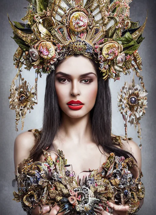 Prompt: expressive full body photo of a miss universe, ornate headpiece made from flowers, ornaments, glamour shot, by karol bak, by stefan gesell, photorealistic, canon r 3, fashion photography, hyper maximalist, elegant, ornate, luxury, elite, environmental portrait, symmetrical features, octane render, unreal engine, solid dark grey background, dramatic lights