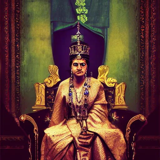 Image similar to the queen of india sitting on a throne, moody atmosphere, digital art, highly detailed, high contrast, beautiful lighting, award winning, trending on art station, photorealistic, 8 k,