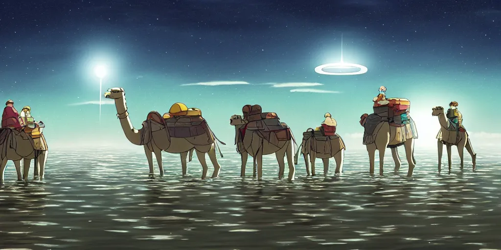 Prompt: a cell - shaded studio ghibli concept art of a silver hovering ufo shining a spotlight on a camel caravan in a flooded stonehenge desert road gas station on a misty starry night. very dull colors, hd, 4 k, hq