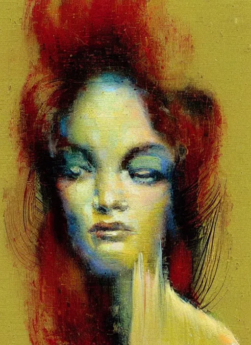 Prompt: an extreme close-up abstract portrait of a lady enshrouded in an impressionist representation of Mother Nature and the meaning of life by Igor Scherbakov, abstract, thick visible brush strokes, figure painting by Anthony Cudahy and Rae Klein, vintage postcard illustration, minimalist cover art by Mitchell Hooks