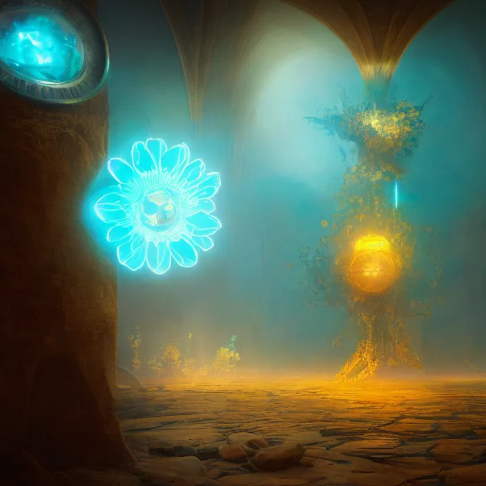 Image similar to a flower the whole within infinite capsule apparent with awe the apparition, an idea seep's into infinity highly detailed in volumetric latent space, golden turquoise steampunk, high contrast cinematic light, mystical shadows, sharp focus, divine realm of gods, octane render, artist by greg rutkowski,