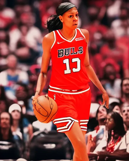 Prompt: candace parker in bulls jersey, high contrast, cinematic film still