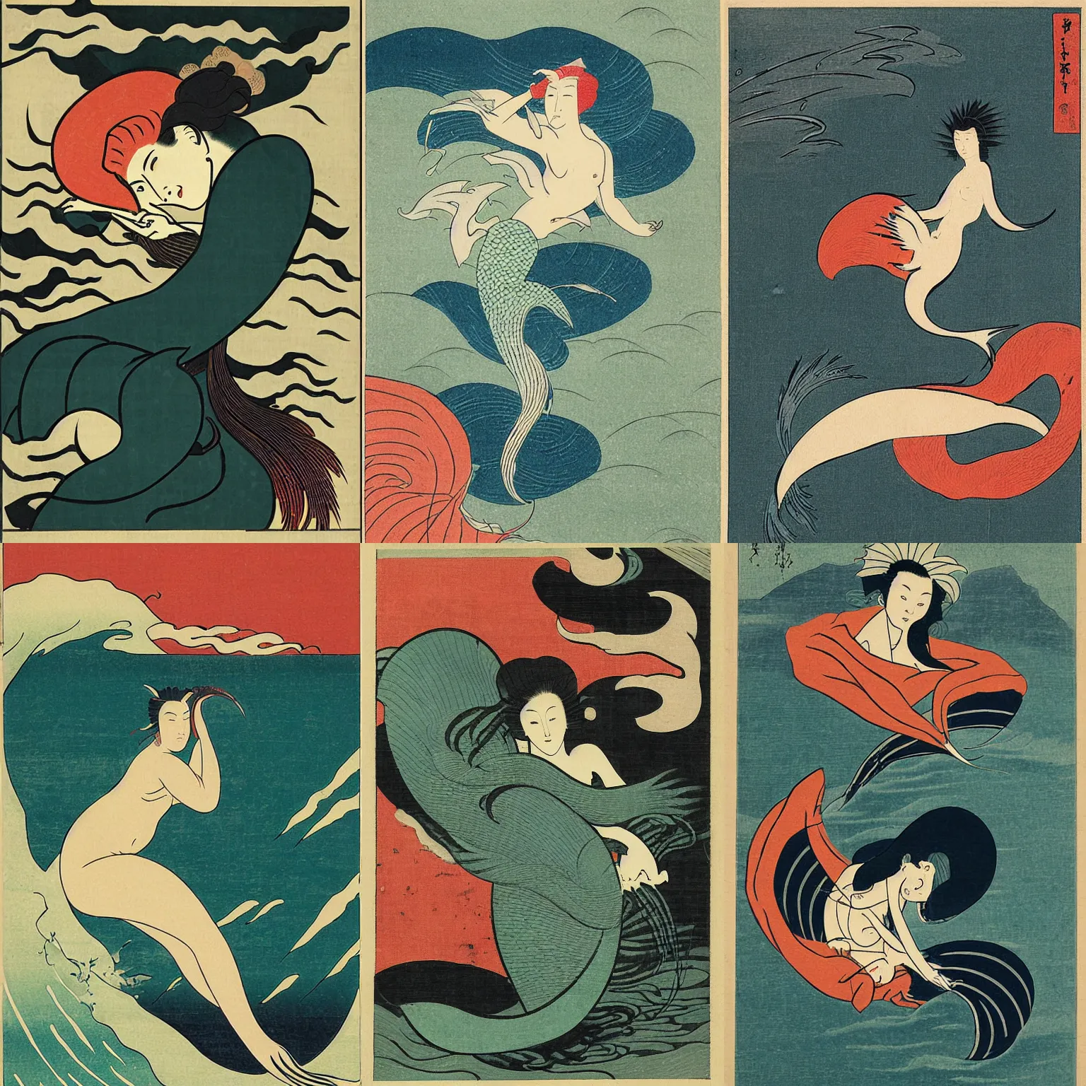 Prompt: Ukiyo-E Portrait of a mermaid in a storm, bauhaus style