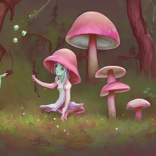 Image similar to cute forest witch gathering mushrooms, digital 2d, art direction, artstation