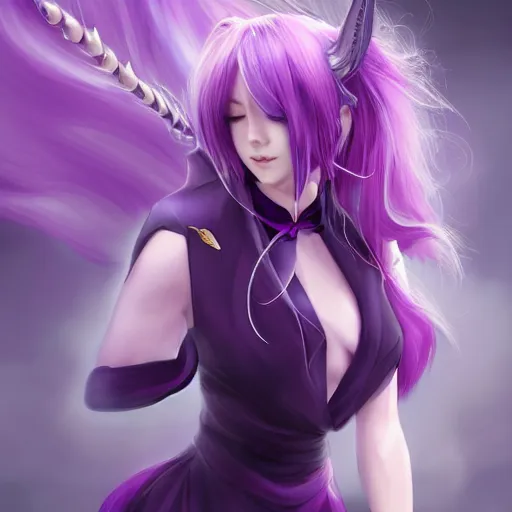 Image similar to beautiful anime woman with purple hair, ( ( ( ( ( unicorn horn ) ) ) ) ) ( ( ponytail ) ) ( ( ( purple eyes ) ) ), a purple tuxedo, sharp focus, intricate, cell shaded, award winning photography, cinematic, digital painting, cinematic, wlop, 8 k, by ross tran, tom bagshaw