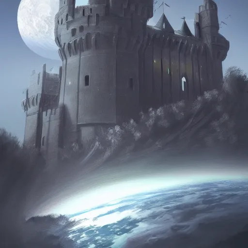 Image similar to a medieval castle in space, digital painting, trending on artstation