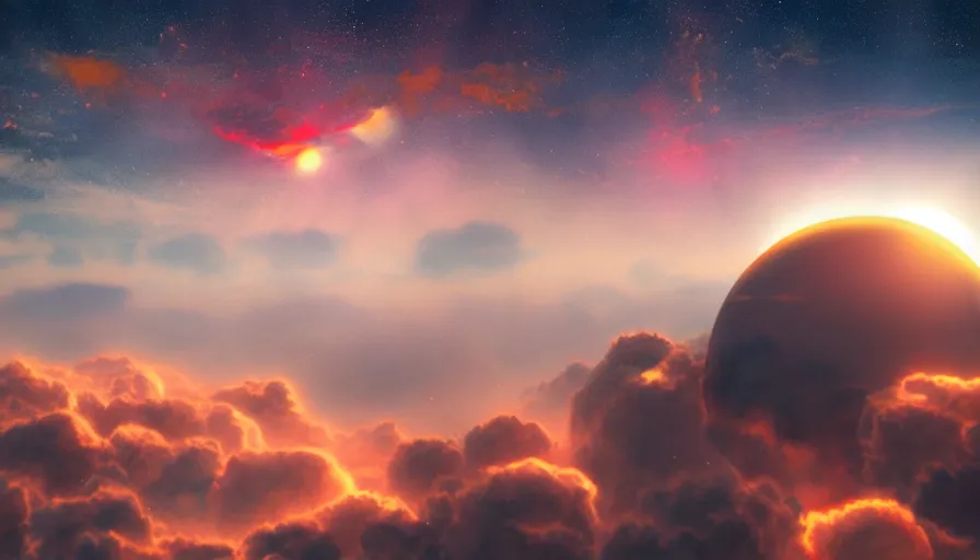 Image similar to hexagon floating in space, colorful clouds below, solar eclipse, matte painting, trending on artstation, realistic, octane render, cinematic, epic