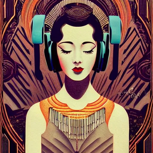 Image similar to intricate, amazing, art deco, retro vintage, painting by natelle quek, soft color palette, highly detailed, godess with headphones from space sci - fi of ancient religion