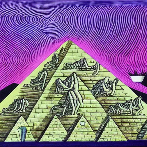 Image similar to cat aliens building the pyramids of giza painting alex grey style