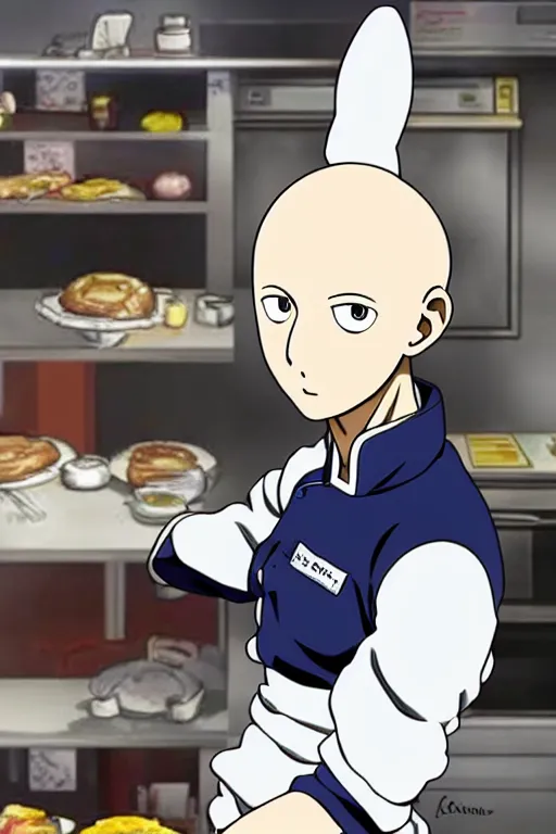 Image similar to chef saitama one punch man, dressed as a pastry chef, making a cake, masterpiece anime artwork