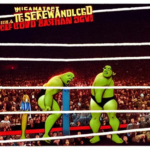 Prompt: WWE poster for the shrek vs andre the giant fight at wrestlemania 8, dramatic lighting, 8k amazing photograph,