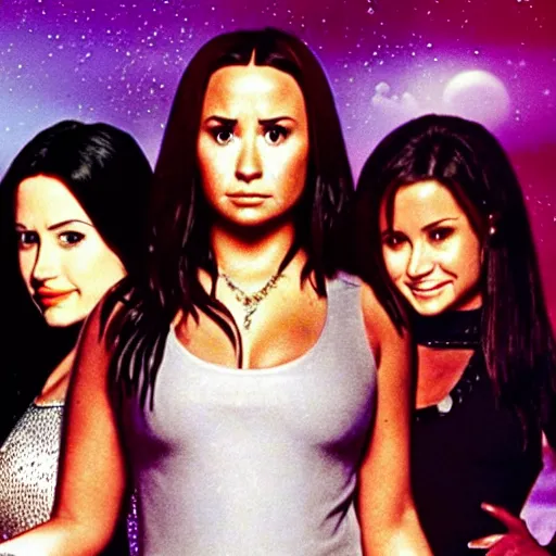 Image similar to close-up of Demi Lovato as Piper Halliwell and Selena Gomez as Phoebe Halliwell and Ariana Grande as Prue Halliwell in a Charmed movie directed by Christopher Nolan, movie still frame, promotional image, imax 35 mm footage