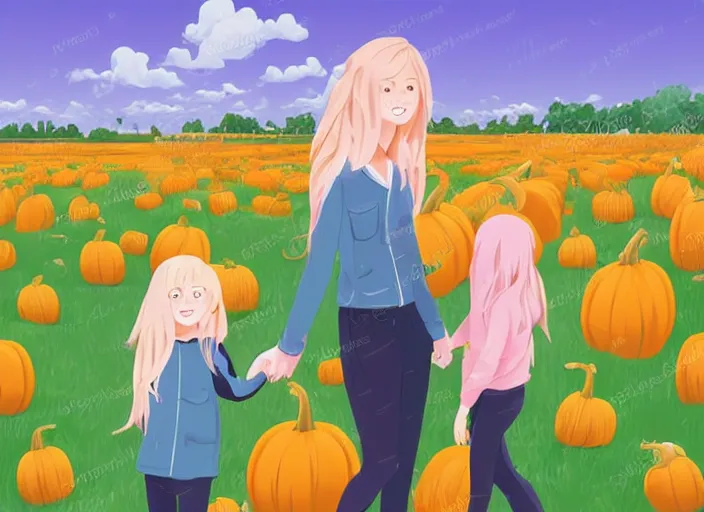 Image similar to little girl with long blonde hair and her mother visiting a pumpkin patch. clean cel shaded vector art. shutterstock. behance hd by lois van baarle, artgerm, helen huang, by makoto shinkai and ilya kuvshinov, rossdraws, illustration, art by ilya kuvshinov