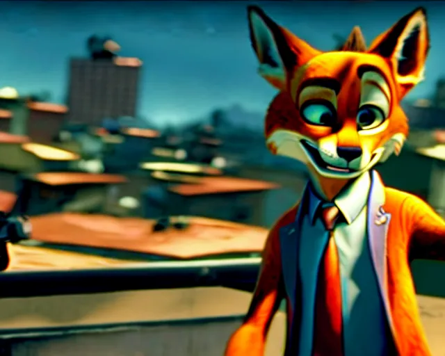 Image similar to nick wilde as max payne 3 set in gritty neo - noir zootopia, gun battle through the favela / furvela