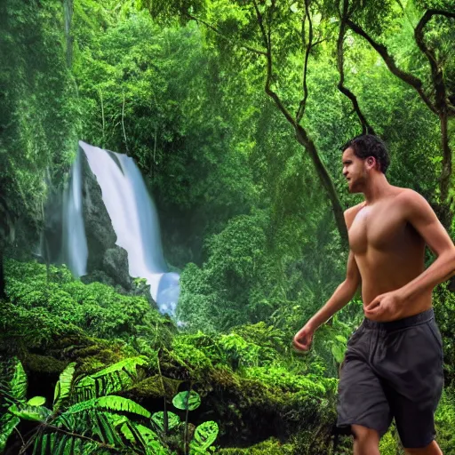 Prompt: 4 k realistic photo of a man walking through a jungle, lush rainforest, waterfall in the background,