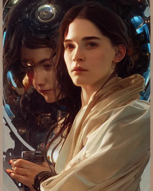 Image similar to portrait of a techno - optimist, cinematic lighting, scifi, intelligent, high detail, masterpiece, art by artgerm and greg rutkowski and alphonse mucha