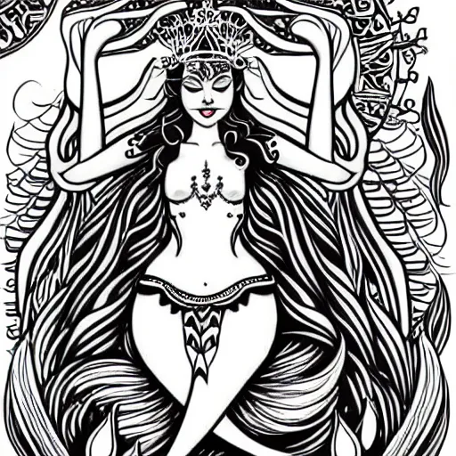 Image similar to a peaceful meditative mermaid with a banner across her chest wearing a crown, full body, symmetrical, highly detailed black and white new school pinup tattoo design