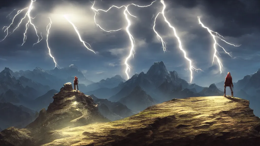 Prompt: someone standing at the peak of a mountain, big planet in the background, majestic, digital painting, cinematic lightning, highly detailed, trending on artstation